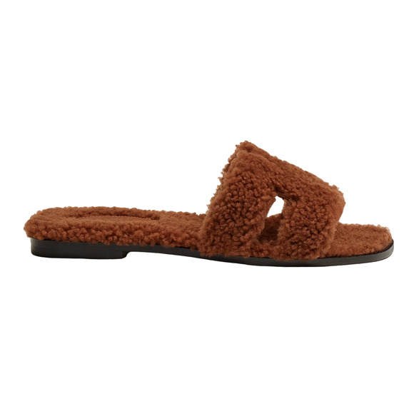 Hermes Oran Teddy Shearling Fur Brown H Logo Slide Sandal Mule Flat Flip Flop 38 - Picture 1 of 12